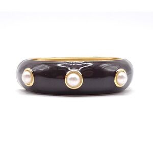 Cookie Lee Brown Enamel Bangle Faux Pearl Hinged Clamper Signed